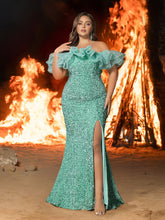 Plus Off Shoulder Ruffle Trim Split Thigh Sequin Mermaid Dress